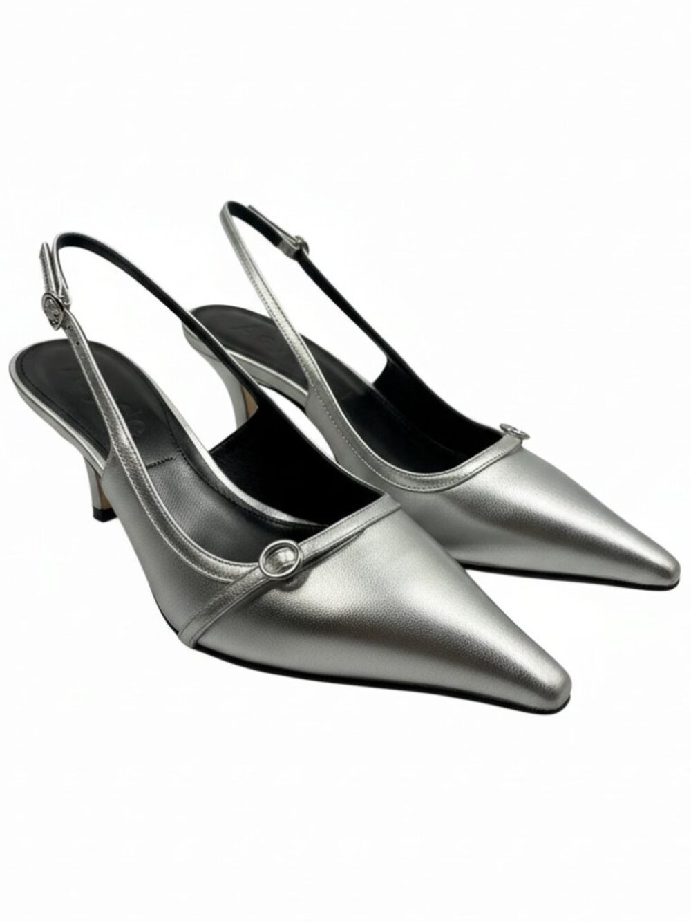 NEW AEYDE Womens Saba Slingback Pumps Size 8 Pointed Toe Adjustable Strap Silver